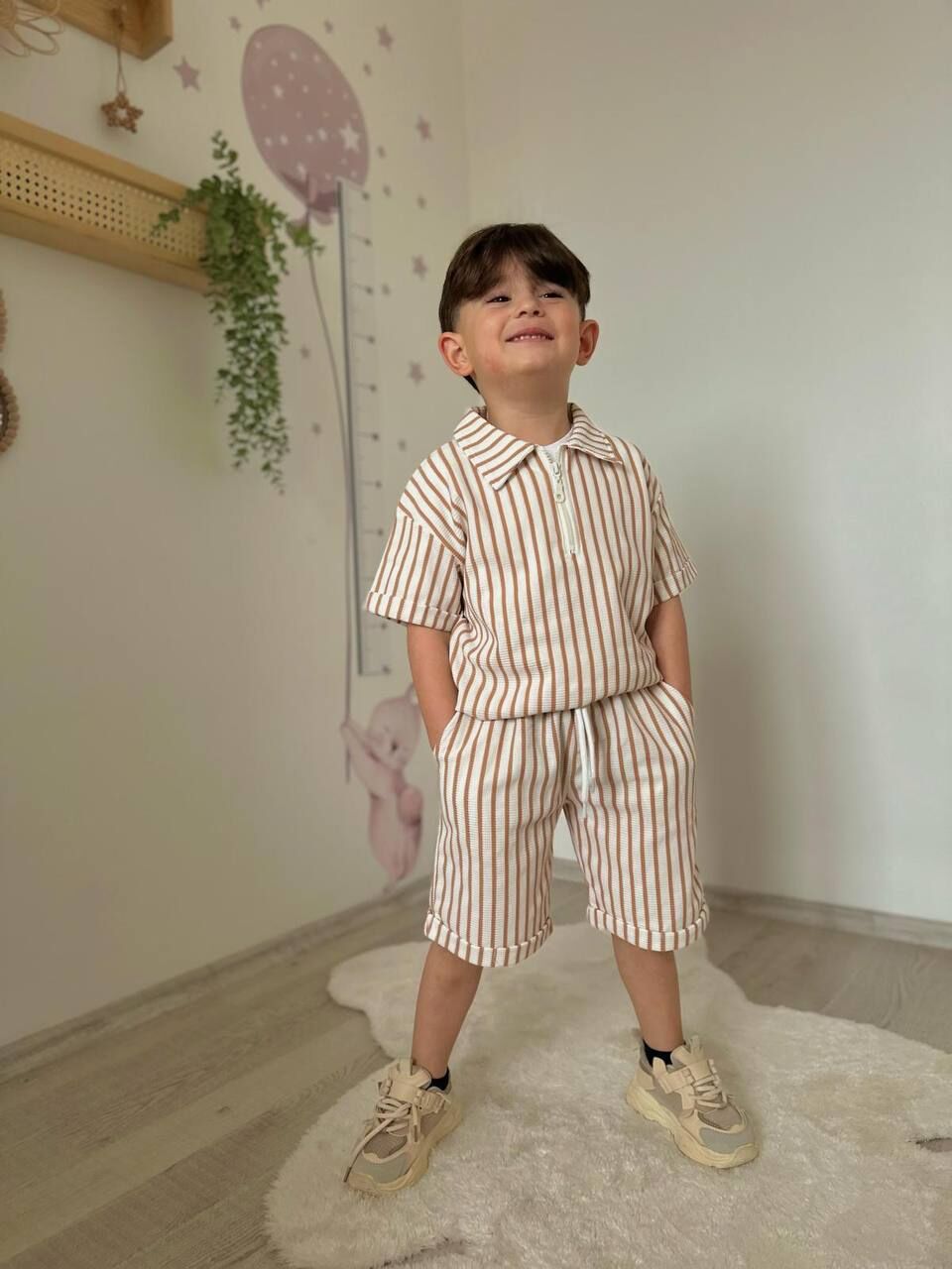 Çizgili Fermuar Detaylı Erkek Çocuk Takım Beyaz - 5-6 Yaş
